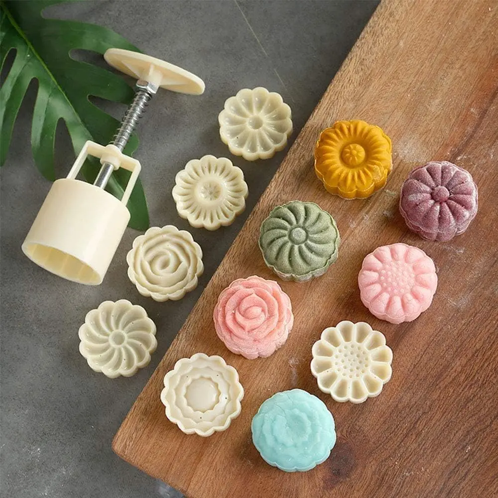 Mooncake Mold with 6 ,Mid-Autumn Festival Hand- Flower Moon Cake Mould 50g DIY Decoration Mooncake Press Molds