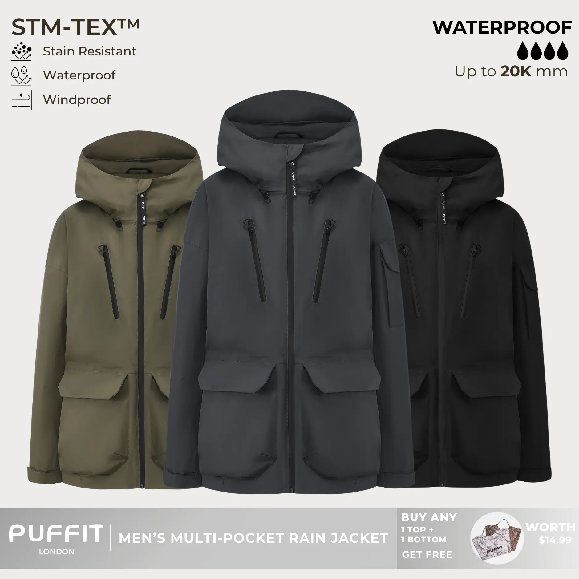 PUFFIT STM-TEX Men’s Multi-Pocket Raincoat,Offering Waterproof,Stain-resistant,Windproof Properties,With 20,000mm Water Column For High Waterproof Performance,Shell Jacket,Spring Jacket,Windbreaker,Dog Walking,School Running,Football Mum