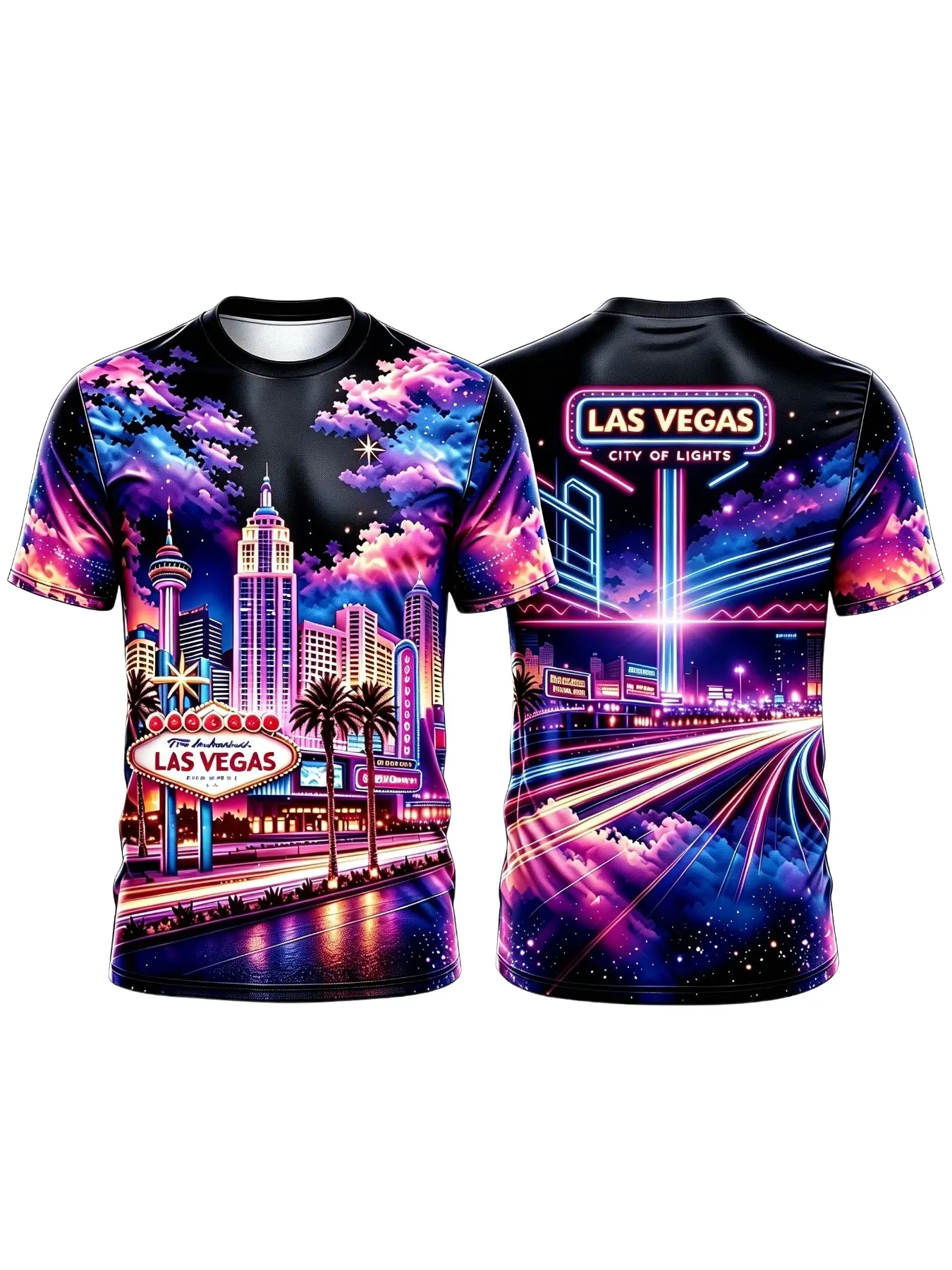 Las Vegas Neon Cityscape 3D Print Short Sleeve Top, Cyberpunk Style, Casual Long Tee, Unisex Fashion, All-Season Wear