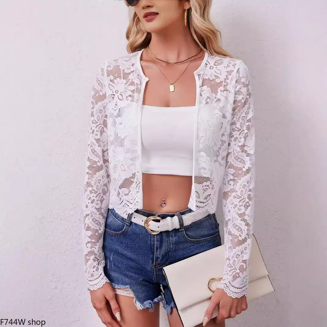Women’s Sheer Lace Cardigan, Elegant Long Sleeve Mesh Top with Ruffle Detail, Lightweight Layering Cover Up for Fall Winter Outfits, Party & Daily Wear