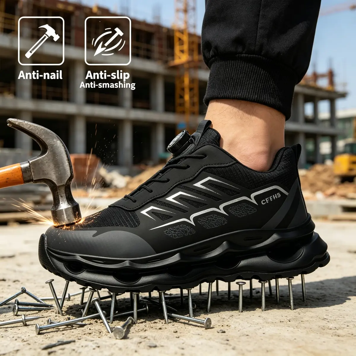 Men's Athletic Steel Toe Shoes, Breathable Polyester Work Sneakers with Rotating Buckle, Puncture-Proof & Non-Slip for Outdoor Industrial Use, Construction Footwear, Industrial Footwear, Lightweight Safety Sneakers, Worker Work Shoes, Safety Sports Shoes