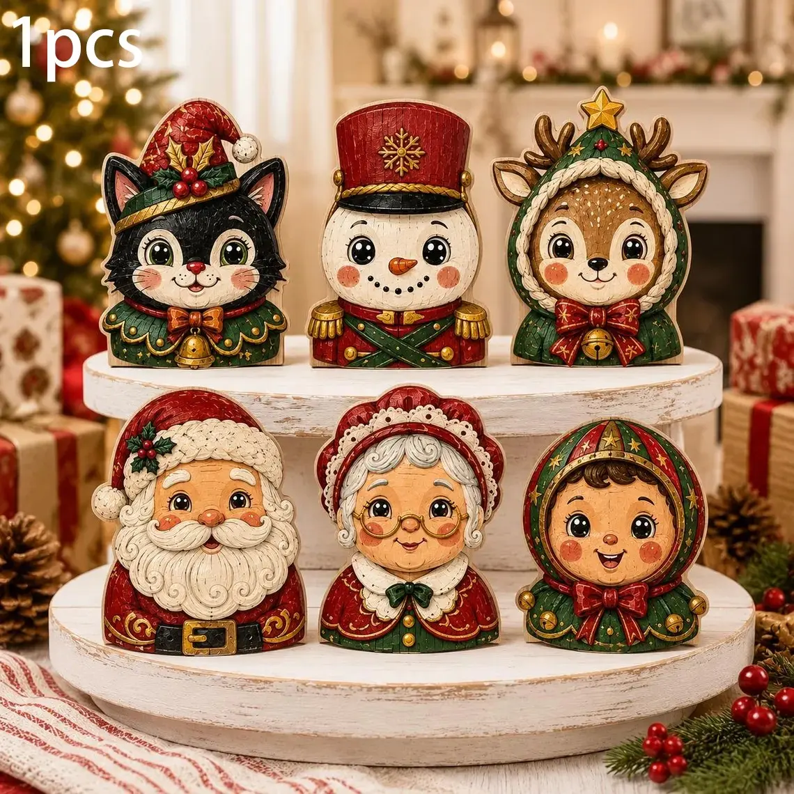 Vintage Christmas Desktop Decorations, Retro Cat, Snowman, Reindeer, Santa Claus, Mrs. Claus, Child Figures, Holiday Fireplace Shelf, Party Decor