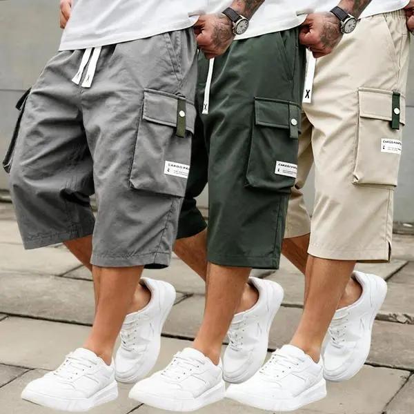 3 Pack Men’s Cargo Shorts, 7/8 Length, Summer Drawstring Waist, Large Pockets, Letter Patch Details, Fashionable Casual Athletic Shorts,father'sdaygifts