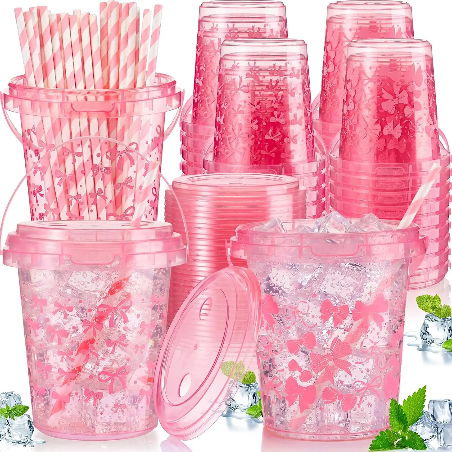 30 Pack  Bow Plastic Drink Buckets with  34 oz   Fruit Containers Cup with Handles and Disposable Straws for Ice Cream Milk   Pool Parties Summer Supplies