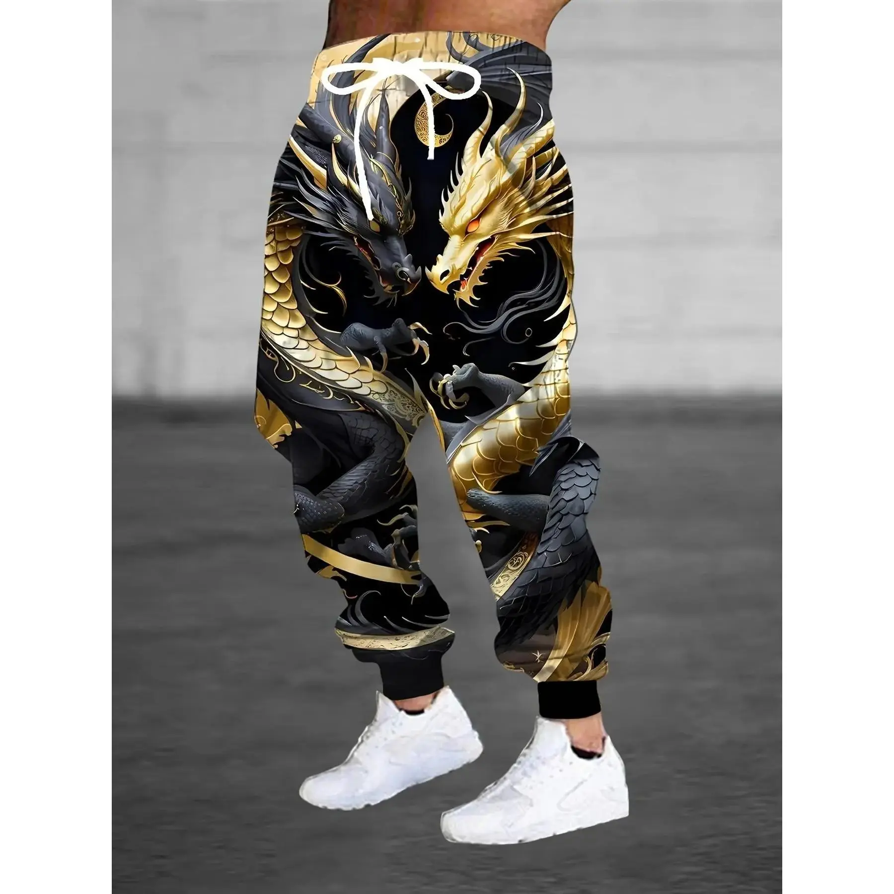 Men's Cuffed Long Sweatpants with Black and Gold Double Dragon Print, a National Trendy and Individualistic Casual Style, Menswear Trouser, Casual Loungewear Pants