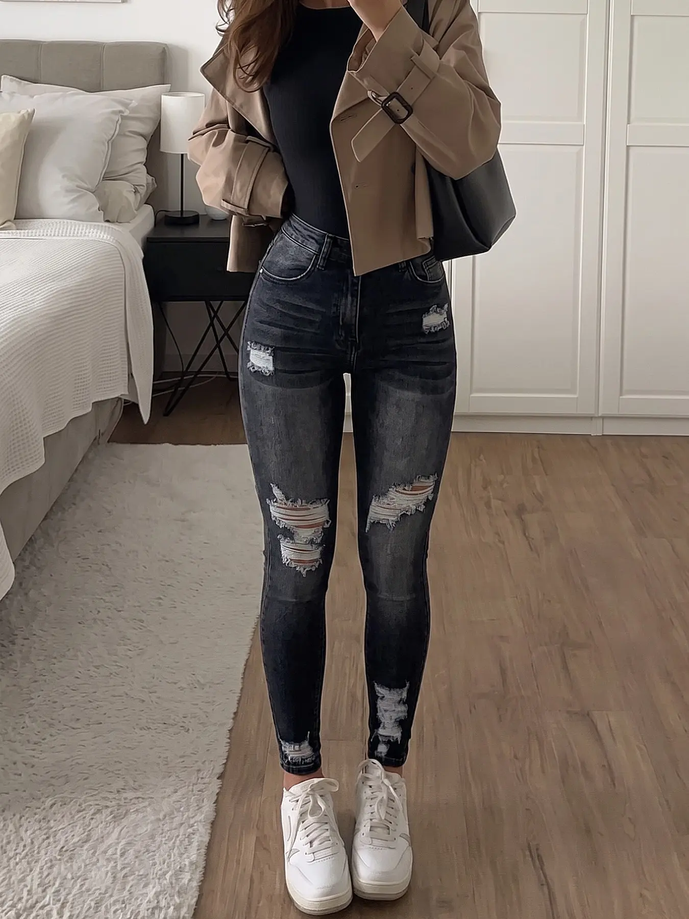 Women's High-Waisted Ripped Tight Denim Jeans, Vintage American Style, Casual Daily Wear, Elegant Slim-Fitting, All Seasons