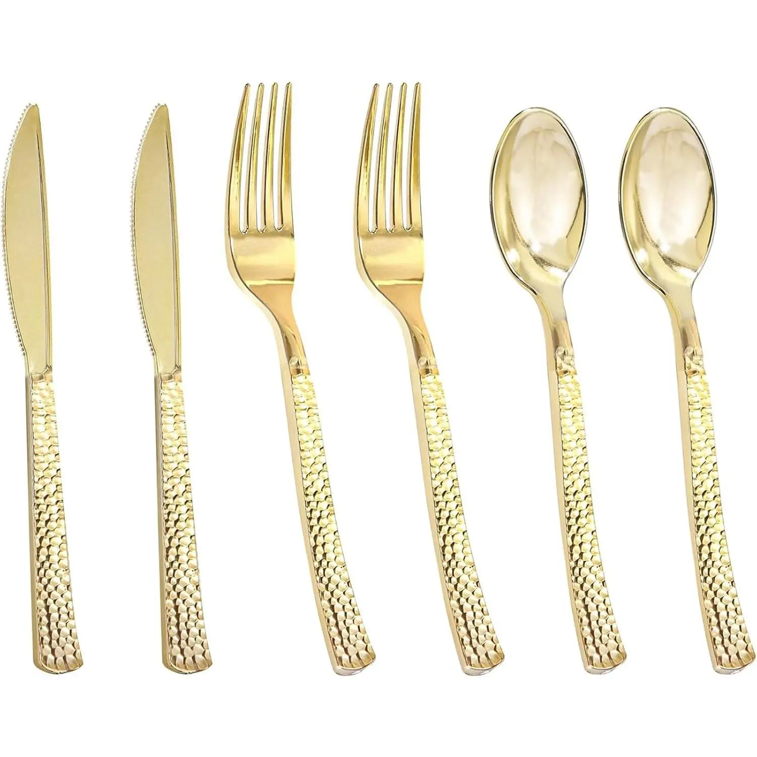 300PCS Gold Hammered Plastic Silverware, Heavy Duty Plastic Cutlery