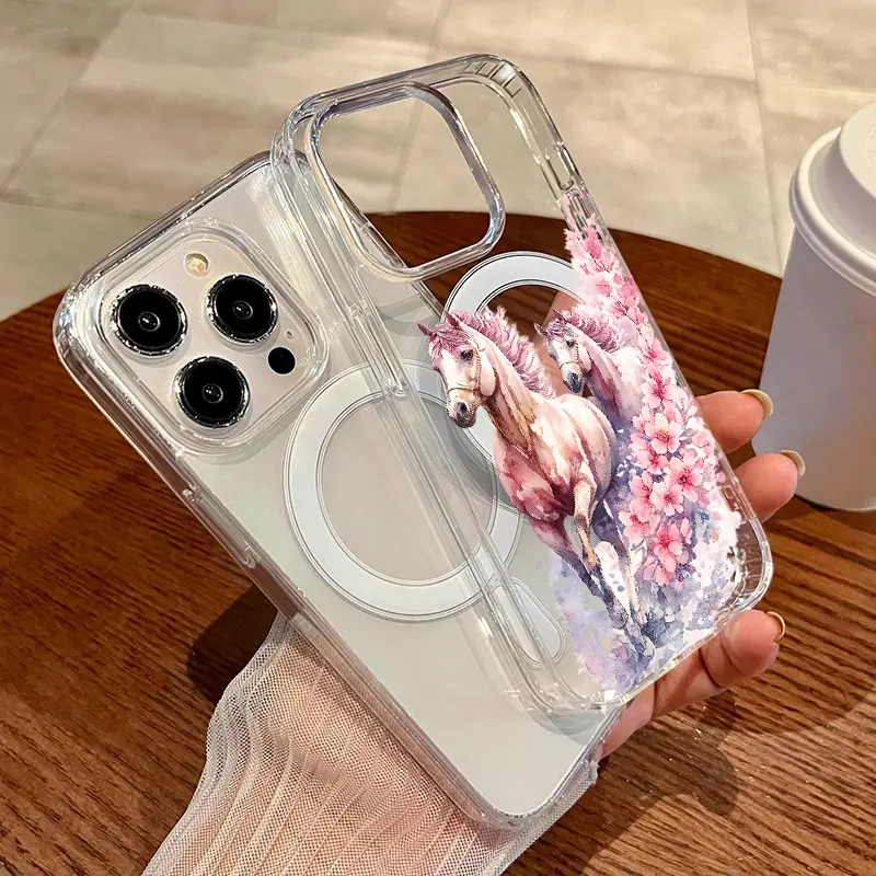 Phone Case - A Hard Case Featuring a Watercolor Design of Two Horses Among Pink Blossoms Compatible with Various for iPhone 17 E Air Pro ProMax iPhone16 15 14 Plus 13 12 11 X XS XR