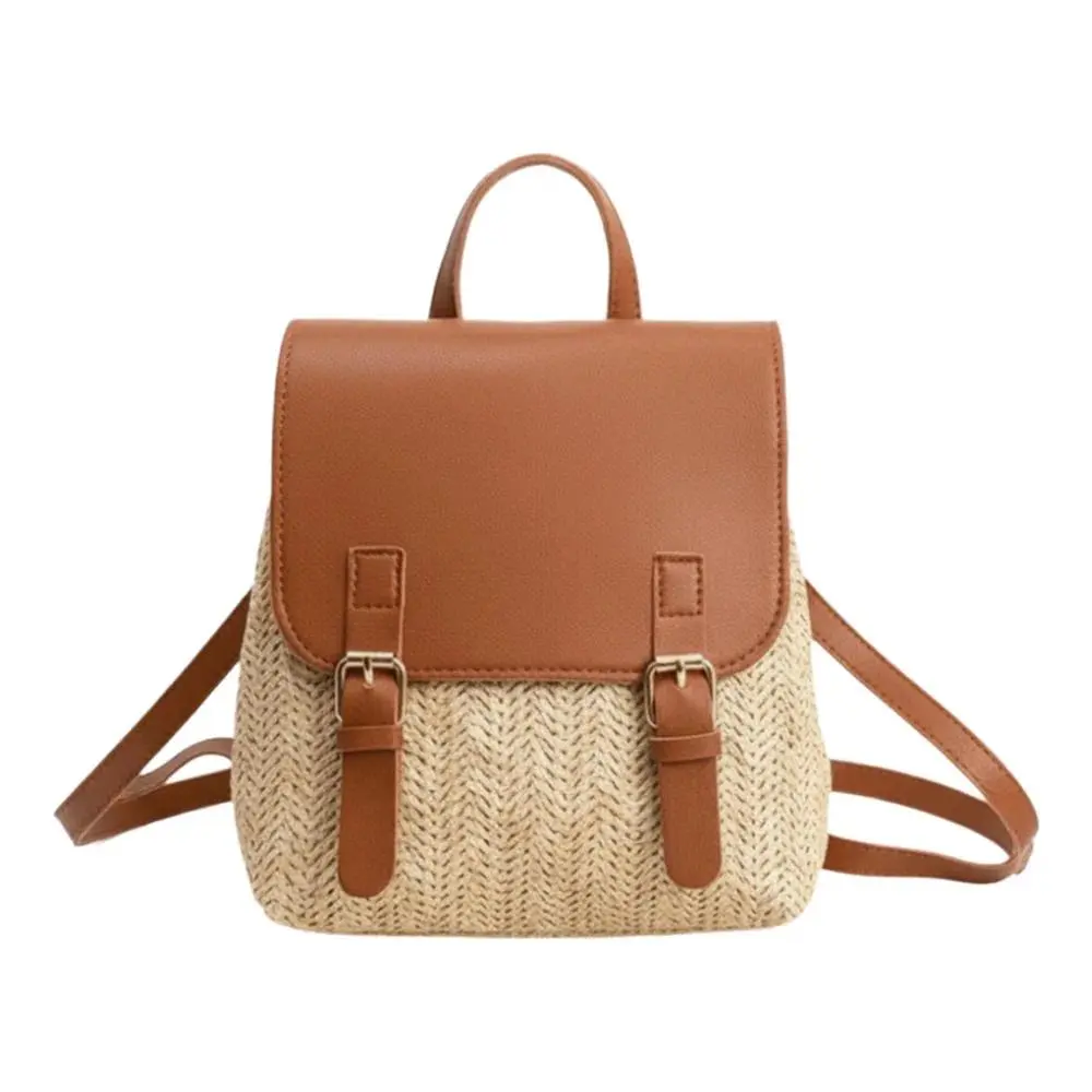 Fashion PU Leather Straw Backpack Retro Design Elegant Look Woven Backpack Luxury Vintage Style Satchel Bag All-match Style
