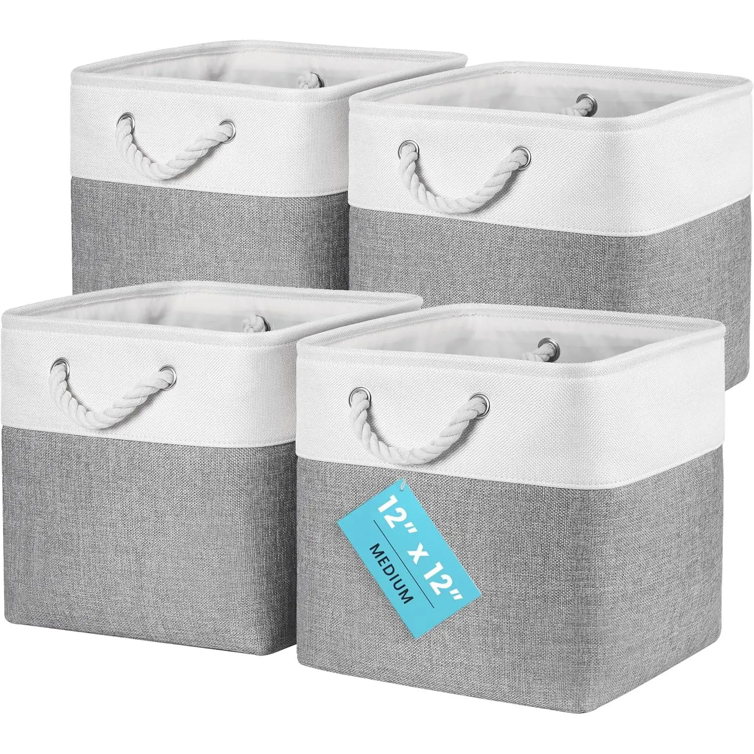 4-Pack 12x12 Inch Solid Neutral Colors Fabric Cube Storage Bins, Foldable Gray-White Organizer Boxes with Rope Handles for Toys/Clothes Closet Organization