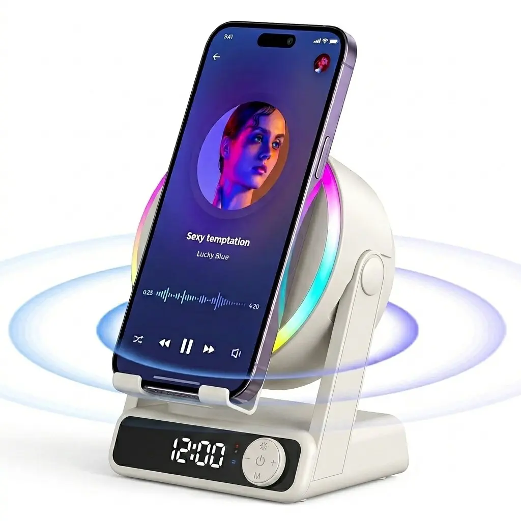 MFHHFM 5 in 1 Wireless Induction Speaker with Phone Stand, Bluetooth Speaker, Digital Alarm Clock, RGB LED Light for Video Calls, Movies, Music, Office, Kitchen, Rechargeable Wireless Speaker