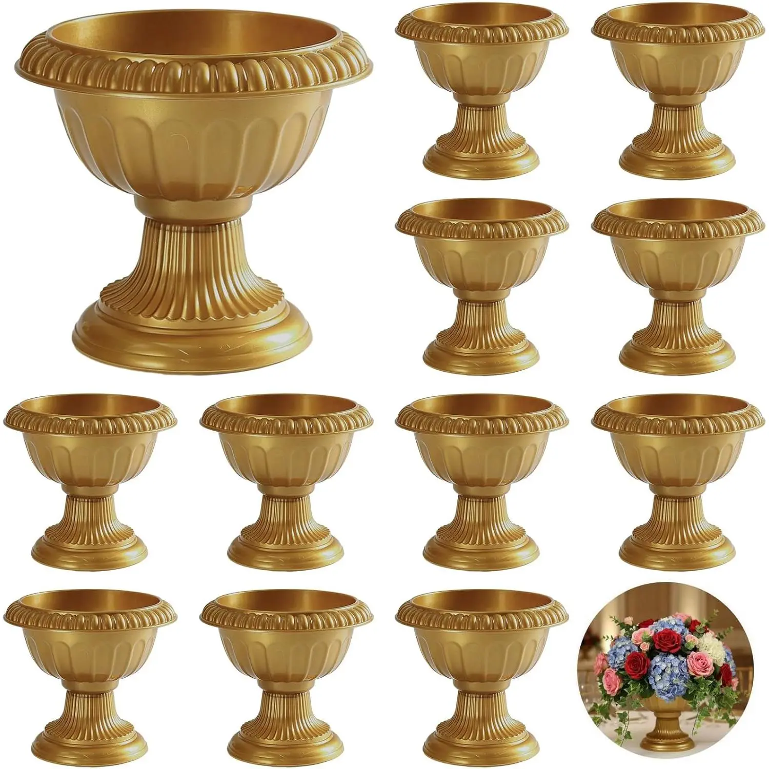 12-Pack Gold Roman Pedestal Urns (5.5 in Tall, 4.3 in Bottom Diameter) - Plastic Flower Pots & Planters, Sturdy Base Compote Bowl, All Seasons Party Decor for Wedding Centerpieces, Home Arrangements
