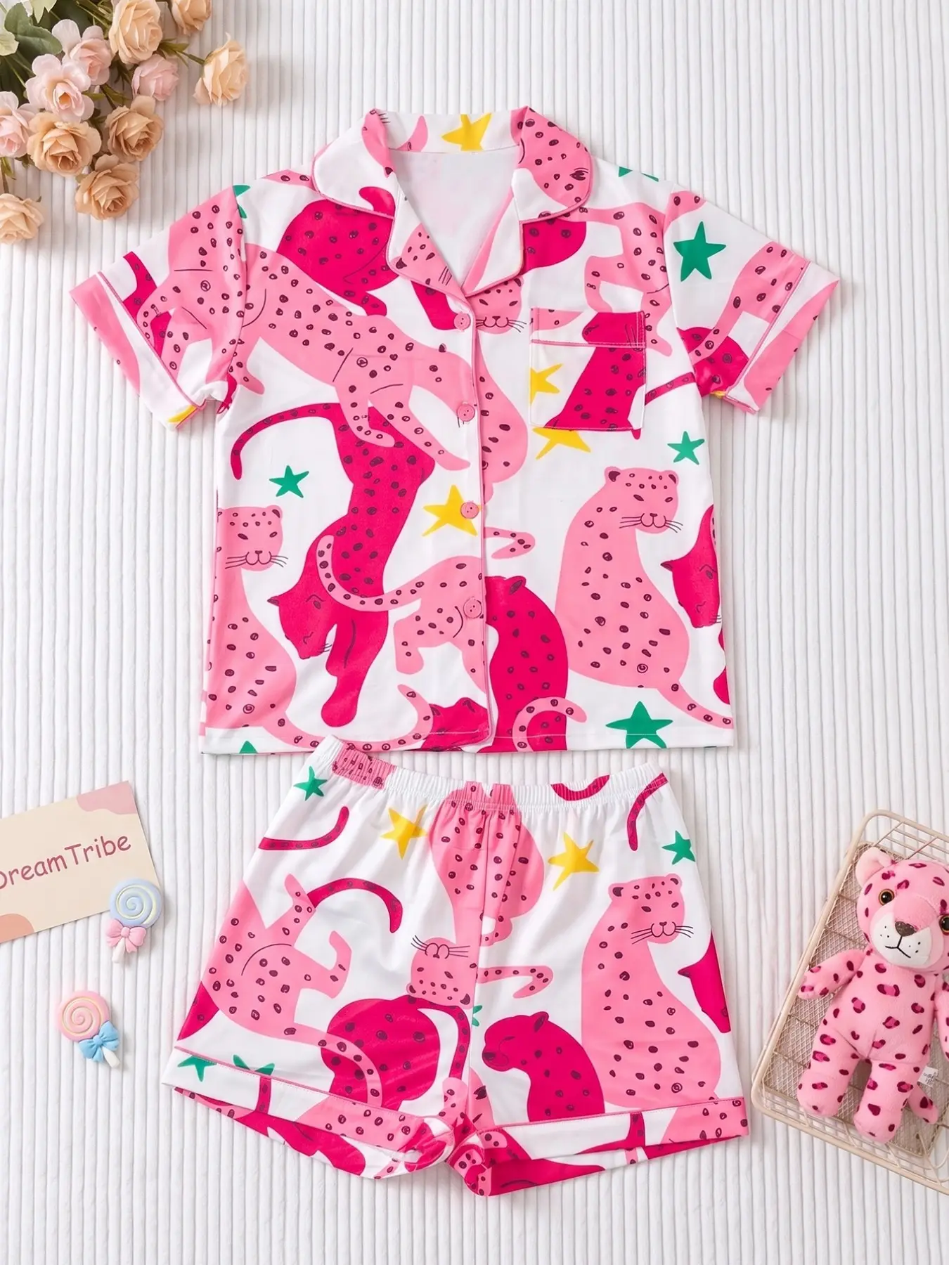 Two-Piece Short Sleeve Pajama Set, Cartoon Leopard Pattern, Fashion Open-Front Sleepwear, Flame-Resistant Knit Fabric, Summer Wear for Kids, Cartoon Print Sleepwear