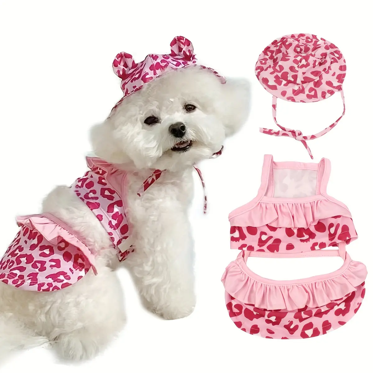 2pcs Pink Leopard Print Pet Swimsuit Bodysuit Hat Set Bikini Dog Breathable Vest Swimwear Suitable for Small Dogs