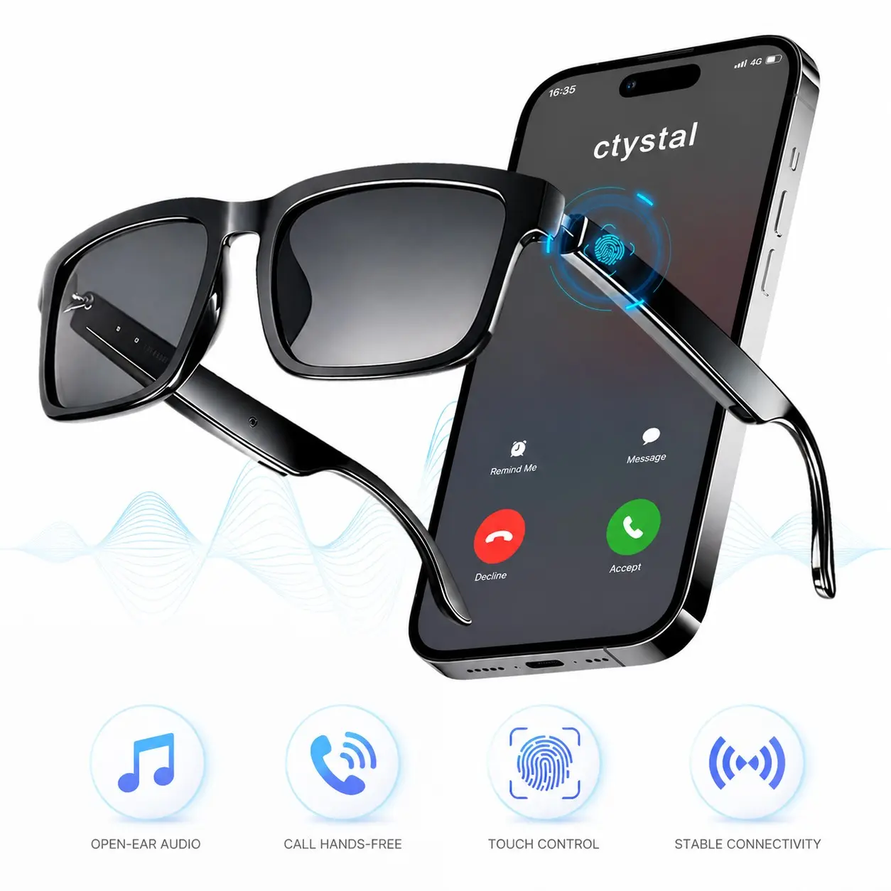 Bluetooth Smart Audio Glasses, Smart Music Glasses, Smart Wireless Glasses, with Open-Ear Speakers & Mic for Hands-Free Calls, Touch Control & Voice Assistant, Anti-UV Lenses for Running, Cycling and Daily Outdoor Use, Unisex Sunglasses