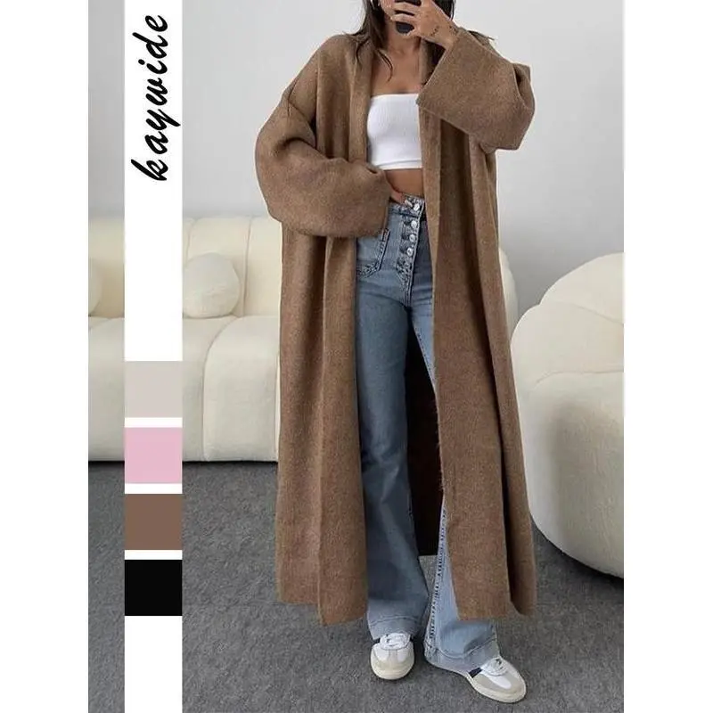 WomensLongSweatersCardiganWarmThickOpenFrontLapelKnitCoatiganforWomenMidLengthJacketLongBlazerCoat