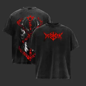 Mens Round Neck Short-Sleeve Apparel Top - Vintage Washed Seamless Oversized Heavyweight Classic T-Shirt, Thick Soft Cotton Unisex Dark Berserk Guts Manga Skeleton Warrior Graphic, Retro Japanese Anime Fan Gift