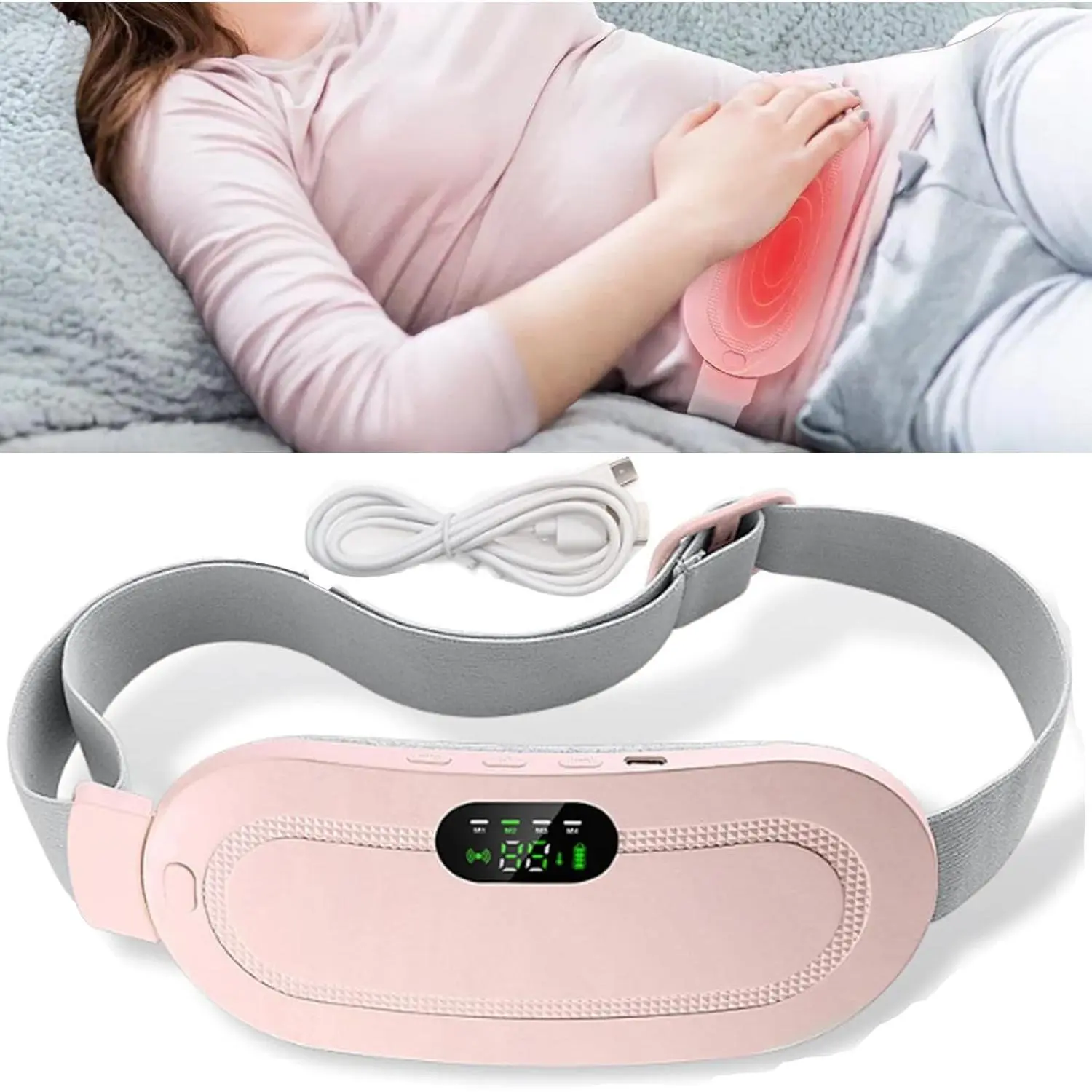 Smart Menstrual Heating Pad - Pink USB Rechargeable Massagers with 3 Heat Settings, Adjustable Temperature, Wireless Vibration Mode for Waist Pain Relief