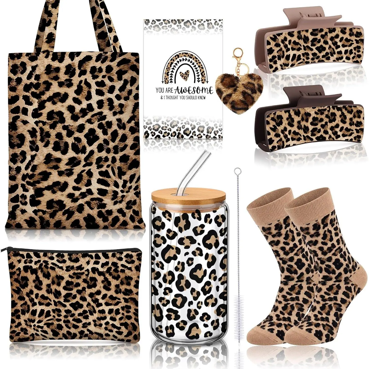 Skylety Women's 8-Pc Leopard Print Gift Set for Leopard Lovers, Birthday Gift Includes 16 oz Straw Tumbler with Lid, Canvas Tote Bag, Hair Claw, Keychain, Socks, Greeting Card, Toiletry Bag