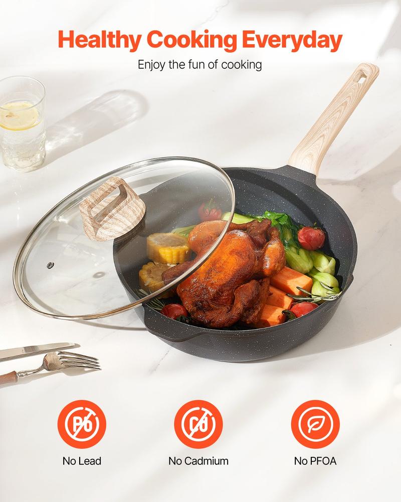 VEVOR 17 Piece Pots and Pans Set Nonstick, Granite Cookware Set, Induction Cookwares, Kitchen RV Cooking Sets with Frying, Sauce, Saute, Tempered Glass Lids, and Pan Protectors, Black