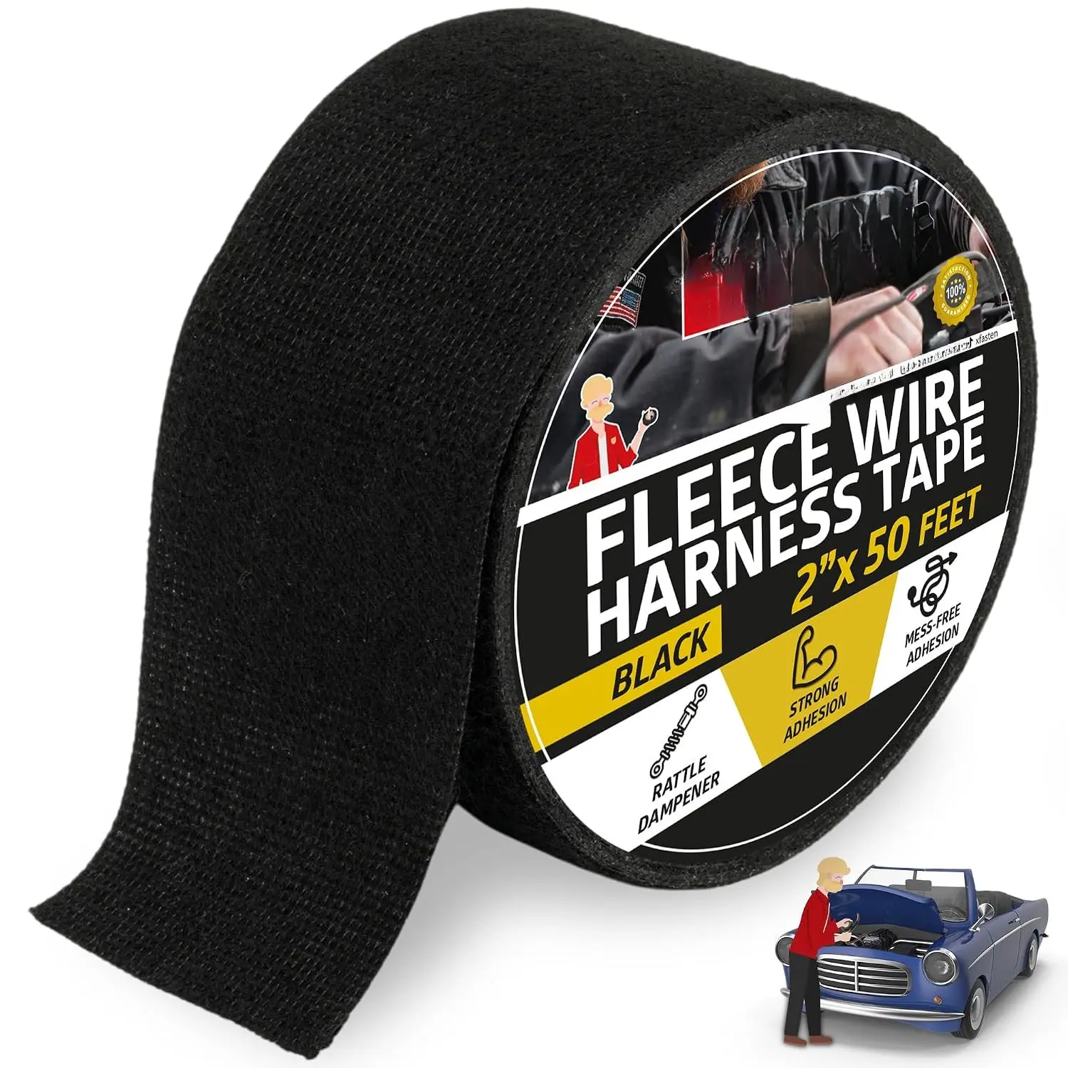 Wire Harness Tape 2 Inch x 50 ft -Free Cloth Electrical Felt Tape for Automotive Wiring Loom Wrap, High Temp and Abrasion Resistant, Noise Dampening Insulation