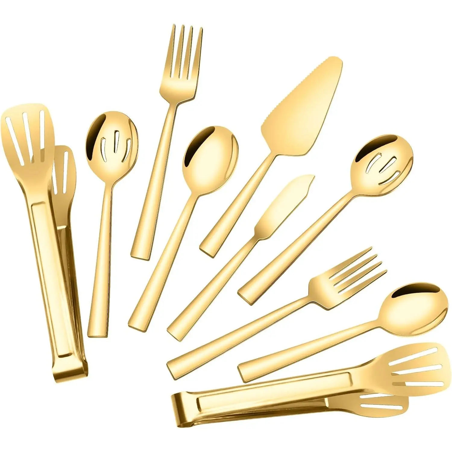 10 count  Serving Utensils,  Stainless Steel Catering Serving Utensils Set Include Large Spoons, Slotted Spoons, Forks, Appetizer Tongs 9'', Cake Server, Butter , for Daily Use