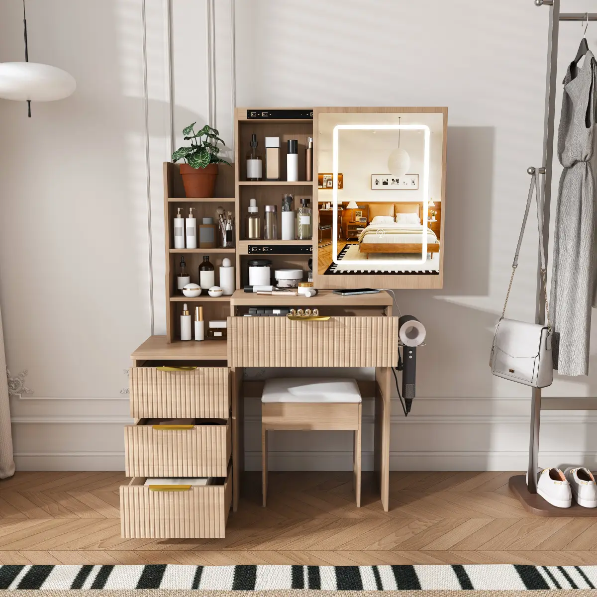 Modern Vanity Desk ,featuring 3 modes of LED lighting with adjustable brightness , with 4 drawers and multiple open storage shelves, with a hair dryer holder and power socket, a dressing chair.