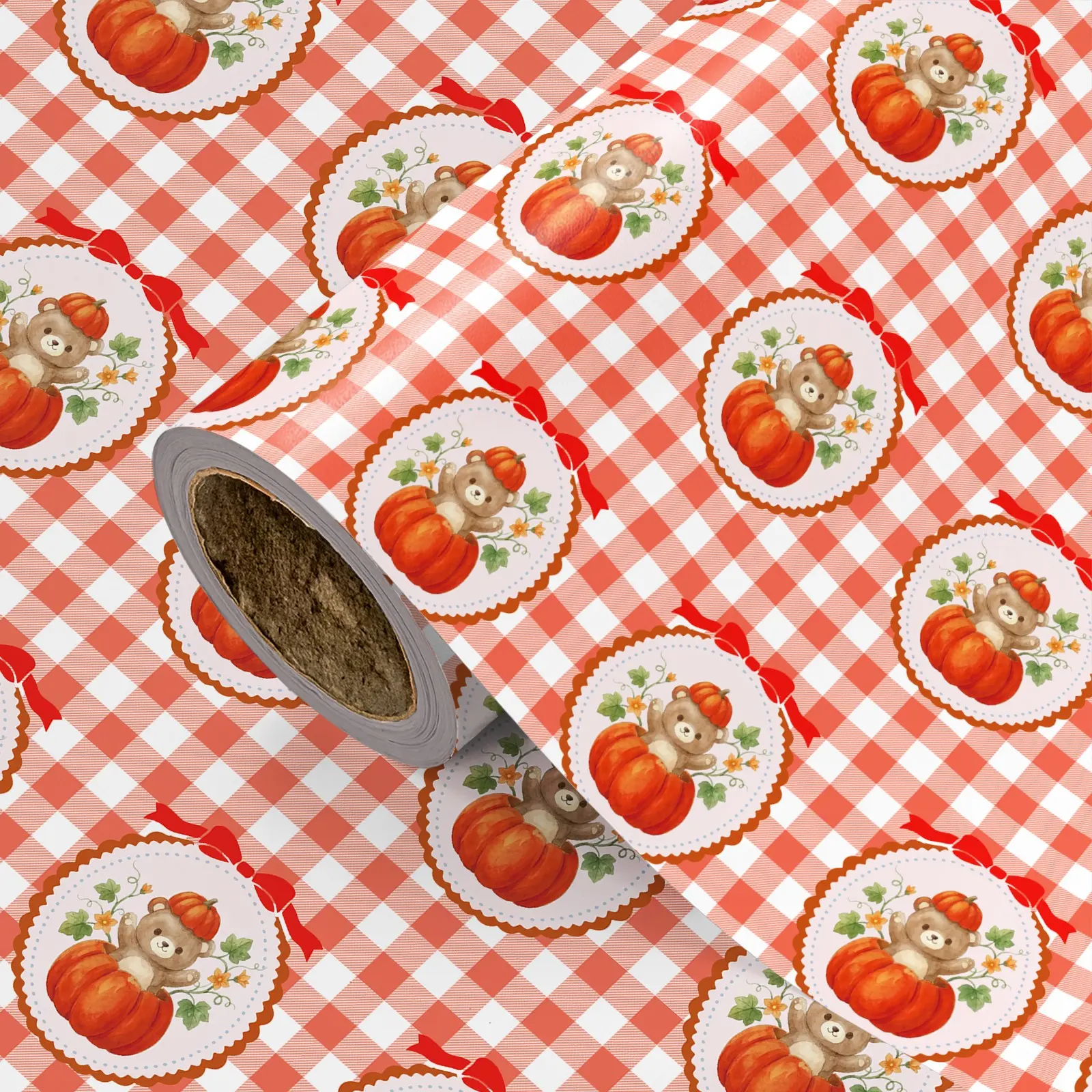 1 Roll Gingham Pumpkin Bear Cute Fall Harvest Gift Wrap, Adorable Autumn Harvest Cartoon Pattern Wrapping Paper for Kids Thanksgiving Harvest Party, Sweet Cottage Gift Wrapping, DIY Crafts, 43.2cm x 500cm（17 inches x 16.4 feet）