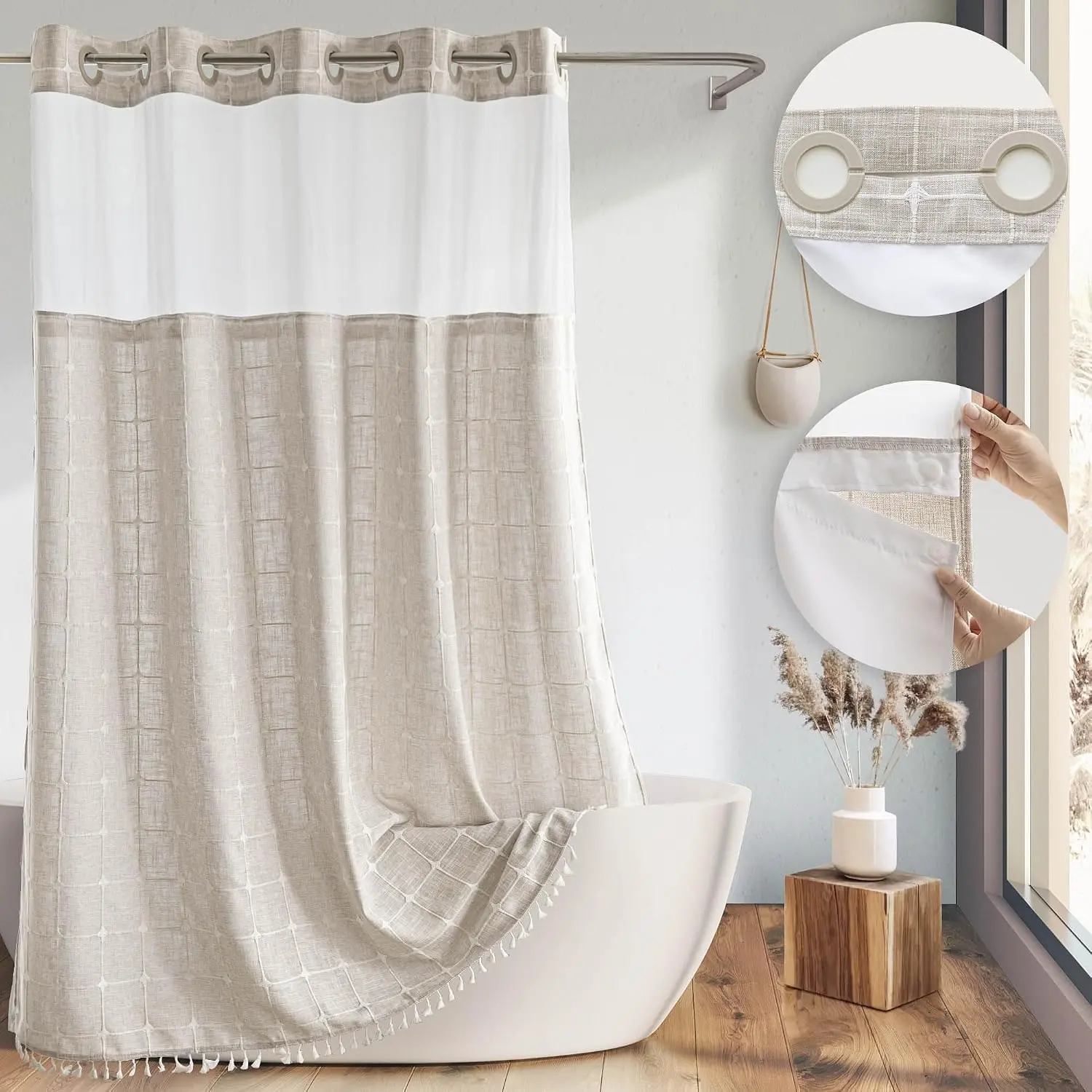 Farmhouse Linen Textured Shower Curtain with Snap-in Liner Set, No Hooks Needed, with Tassels for Rustic Bathroom Decor,with Window,with Magnets,Linen,71Wx74H