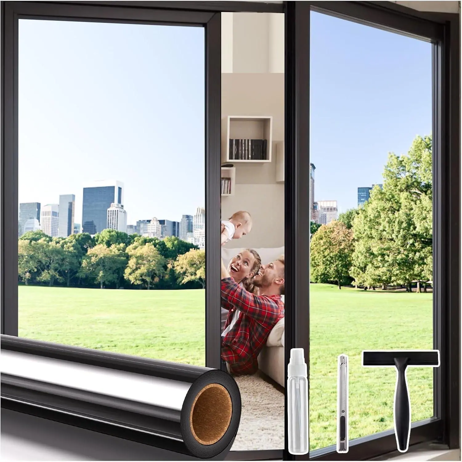 Privacy Window Film One Way Reflective Tint See Out Not In Heat UV Blocking Window Cover Static Cling Black with 3 Installation Tools