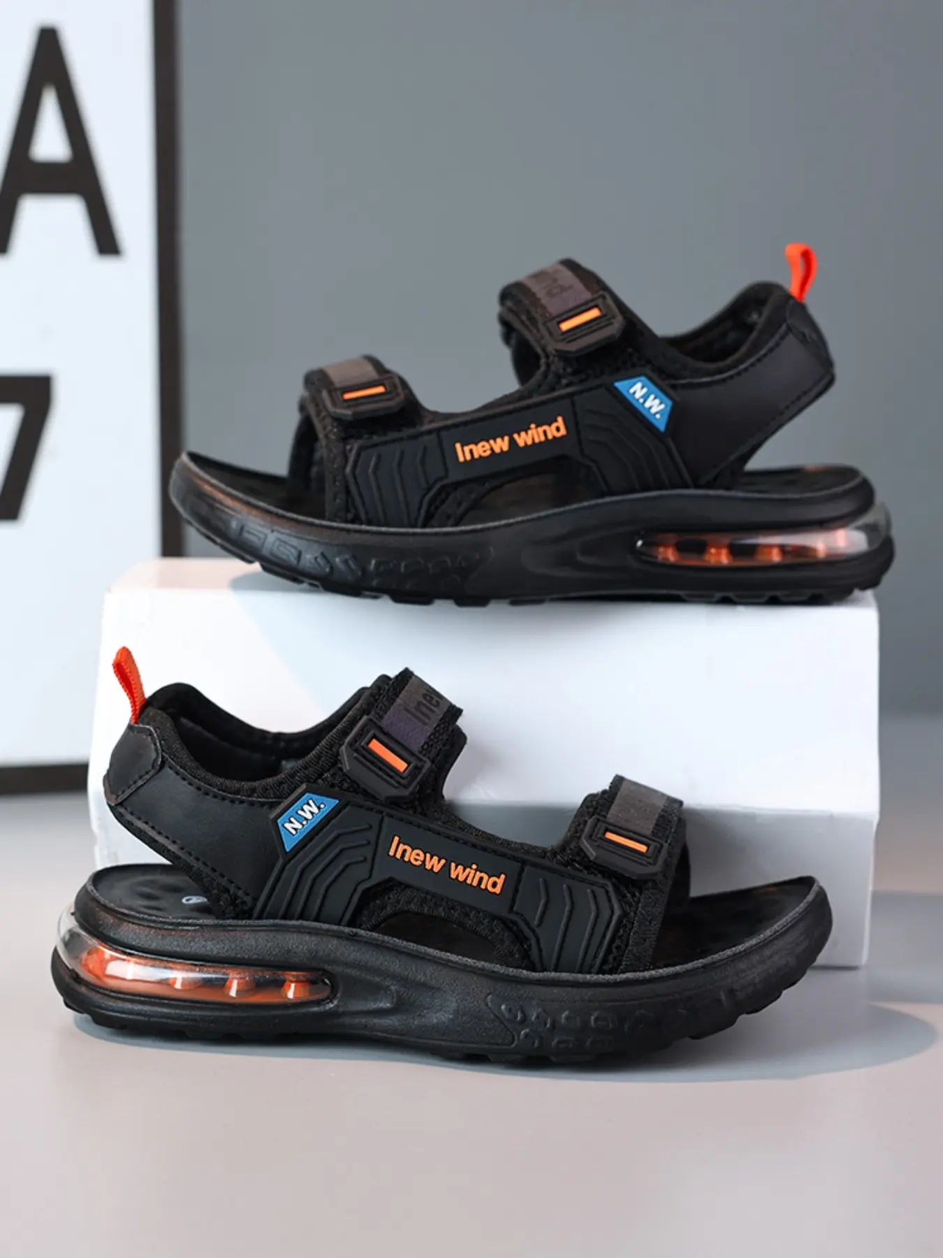 Youth Summer Air Cushion Sports Sandals, Dual Velcro Easy On/off, Shock Absorption, Outdoor Beach Toe-Exposing Casual Shoes