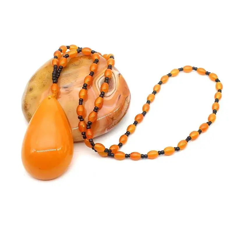 Fluorescent Yellow Faux Amber Pendant Necklace on a Beeswax-Style Cord, Long Unisex Sweater Jewelry for Streetwear