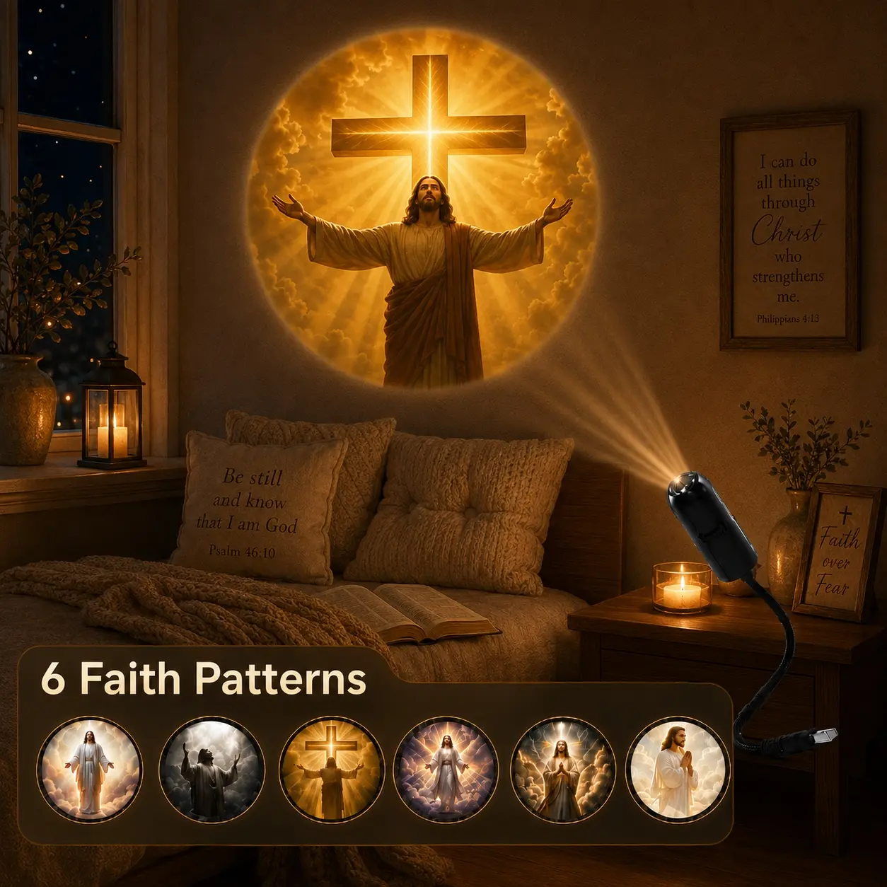 Jesus Pattern Projector Light with 6 Interchangeable Faith Slides, Adjustable Wall Ceiling Projection for Bedroom, Prayer Corner, Living Room and Church Decor, Christian Gift