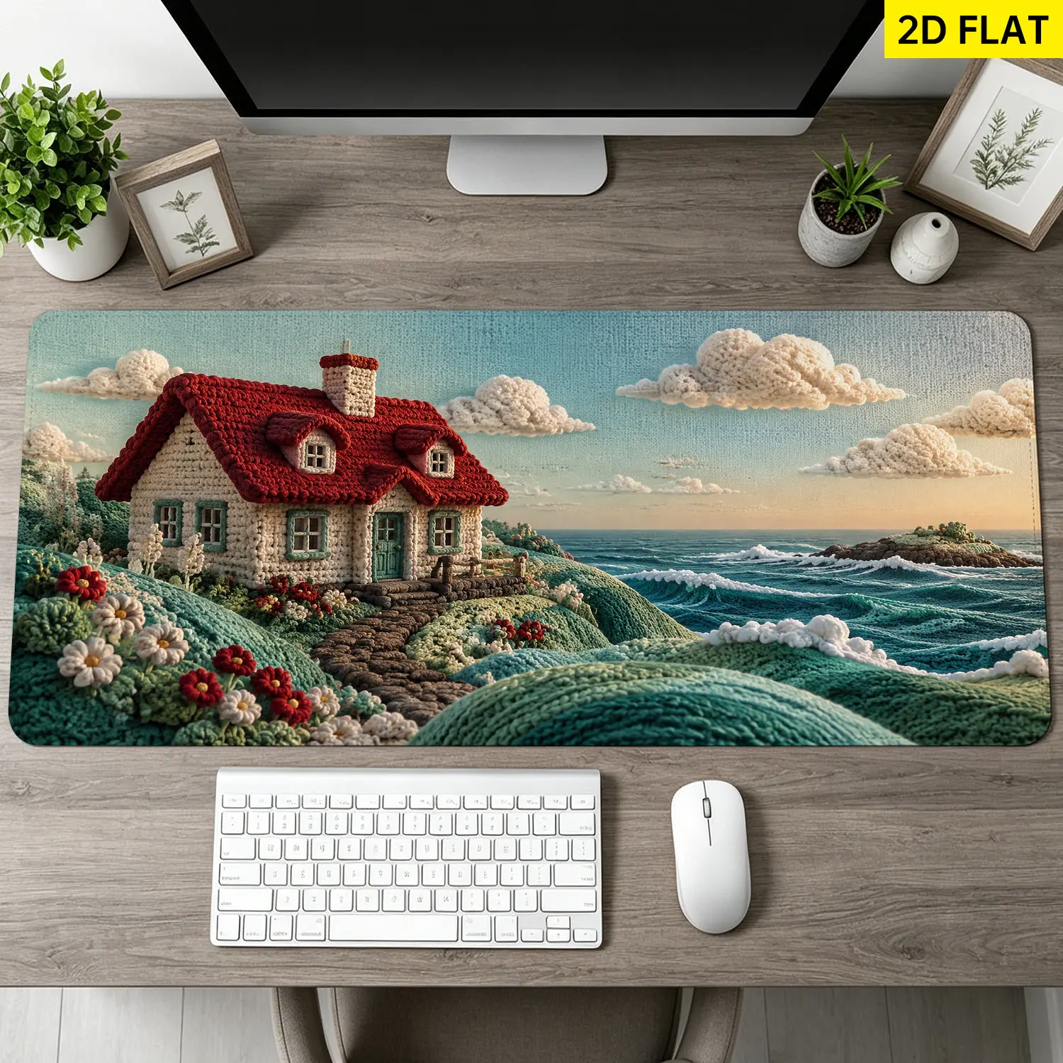 Extra Large crochet cottage by the sea Mouse Pad, Non Slip Rubber Pad, Desktop Decoration Drotection Pad, Washable, Lock Edge Multi Size, Premium Multipurpose Mousepad For Home, Office, Gift for Family and Friends