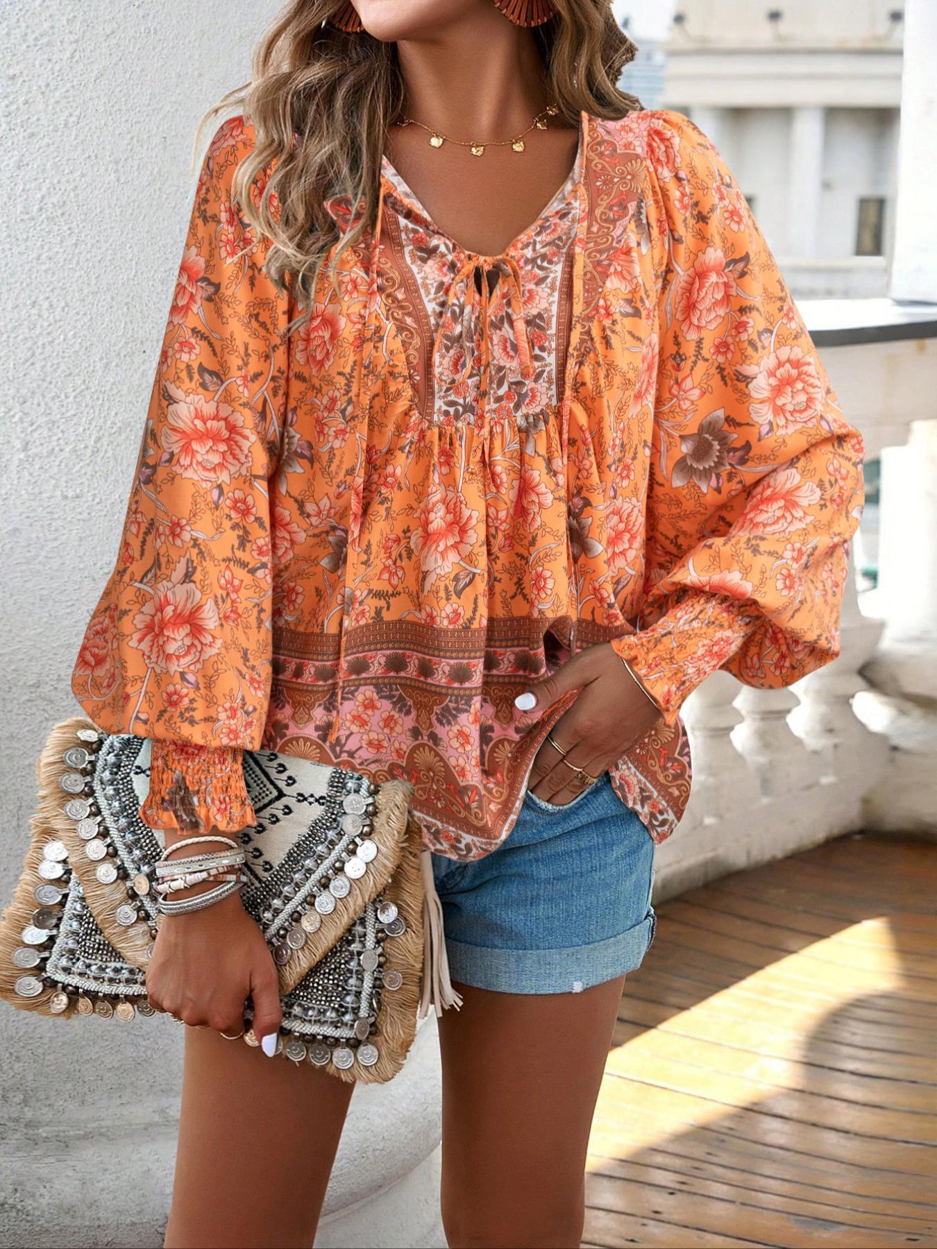 Women's All Over Boho Style Floral Print Tie Front Long Sleeve Blouse, Boho Cottagecore Blouse, Boho Chic Sleeve, Boho Casual V Neck Longsleeves Bishop Sleeve Frill Trim Top for Fall & Winter