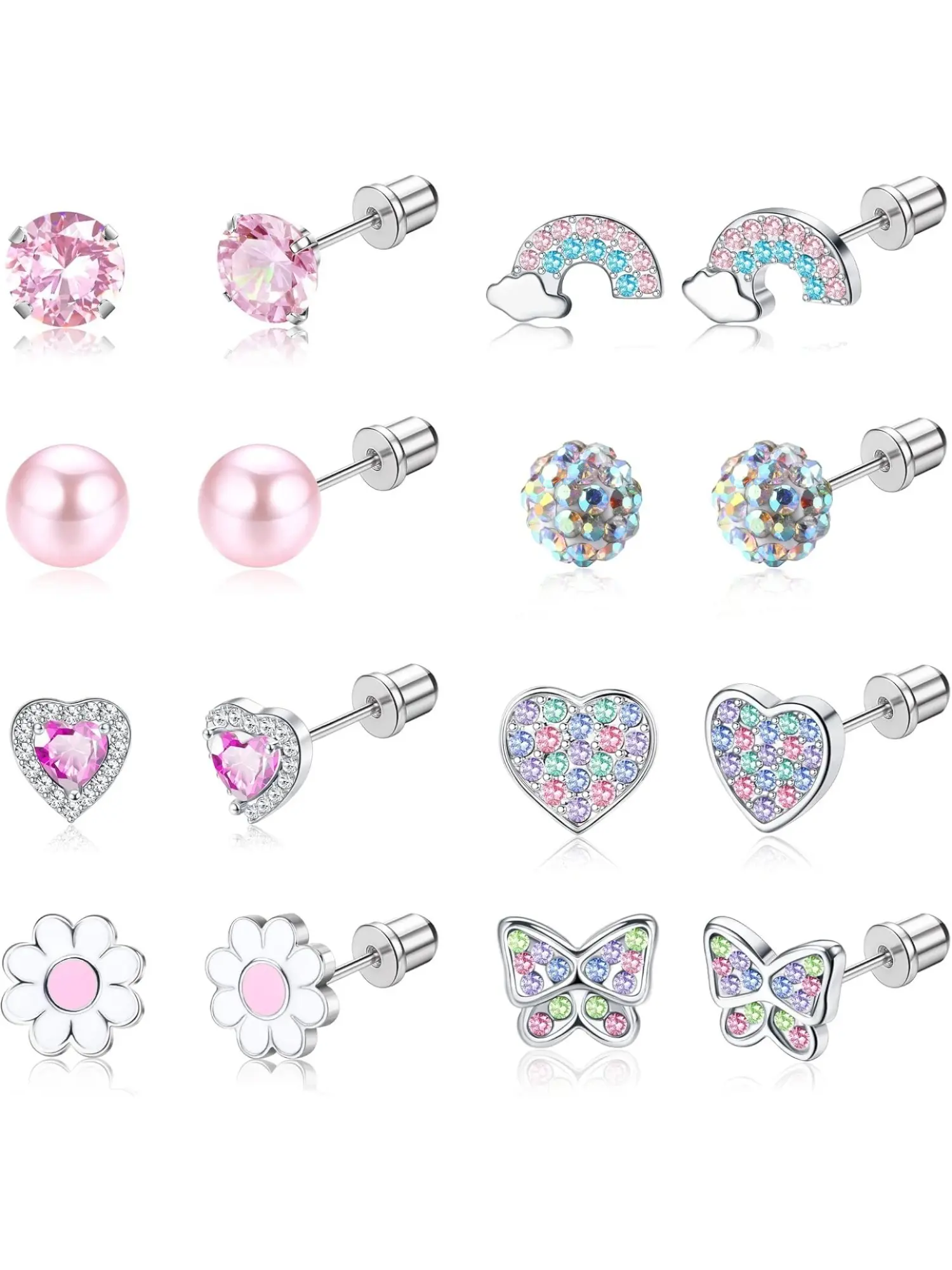 8Pairs Women 316L Stainless Steel Screw Back Stud Earring Set, Multicolored CZ Heart Butterfly Flower Tiny Piercing Earrings