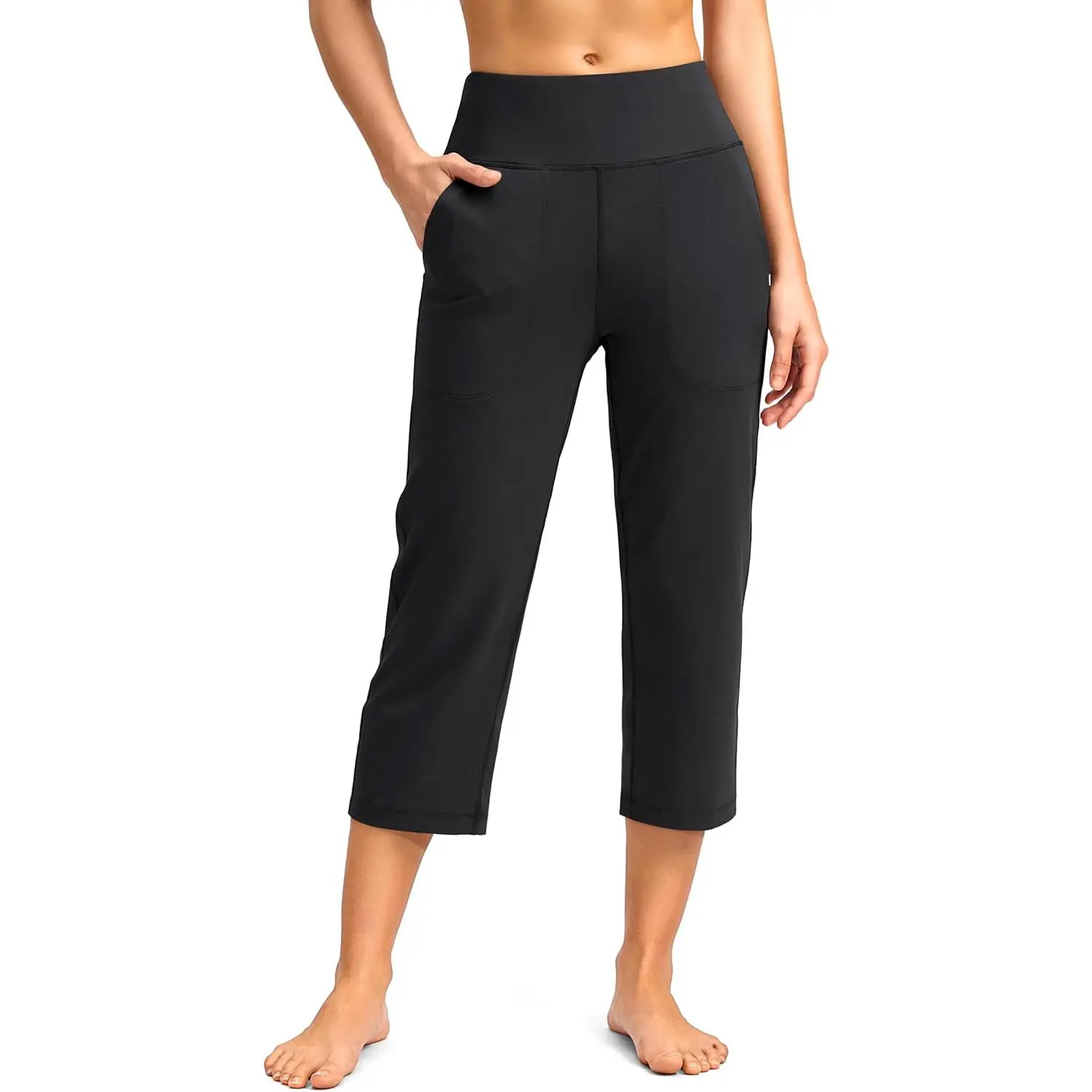 SANTINY Women's High Waisted Straight Leg Capri Leggings Pants - Lightweight Stretchy Athletic Cropped Pants with Pockets, All Seasons, A White Option for Workout Yoga, Straight Leg Leggings, Lightweight Stretchy Pants