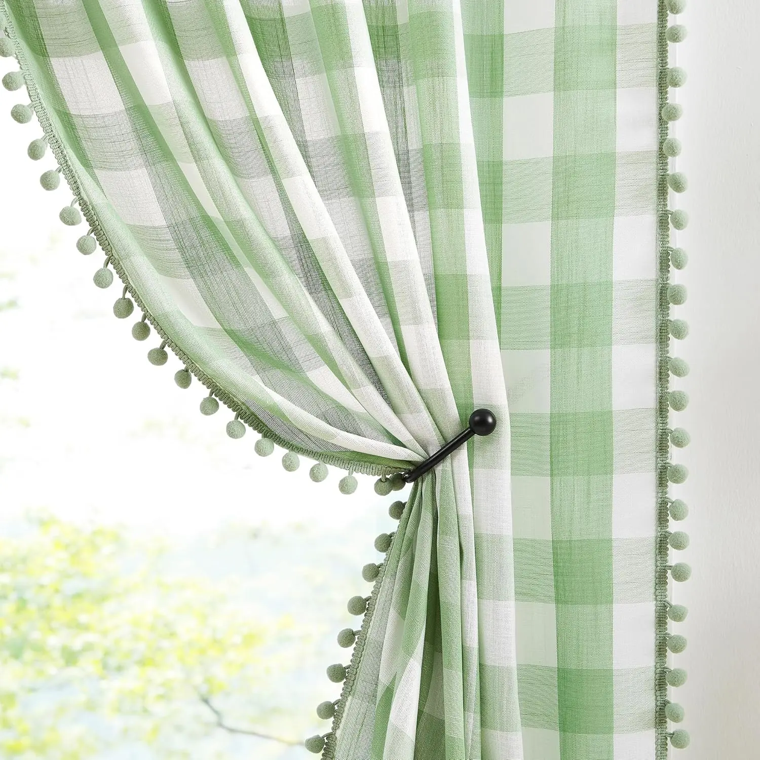Buffalo Check Curtains 84inch Farmhouse Pom Pom Curtain Drapes for Living Room Vintage Gingham Plaid Semi Sheer Green Window Curtains for Bedroom Kitchen 2 Panels Rod Pocket Green and white