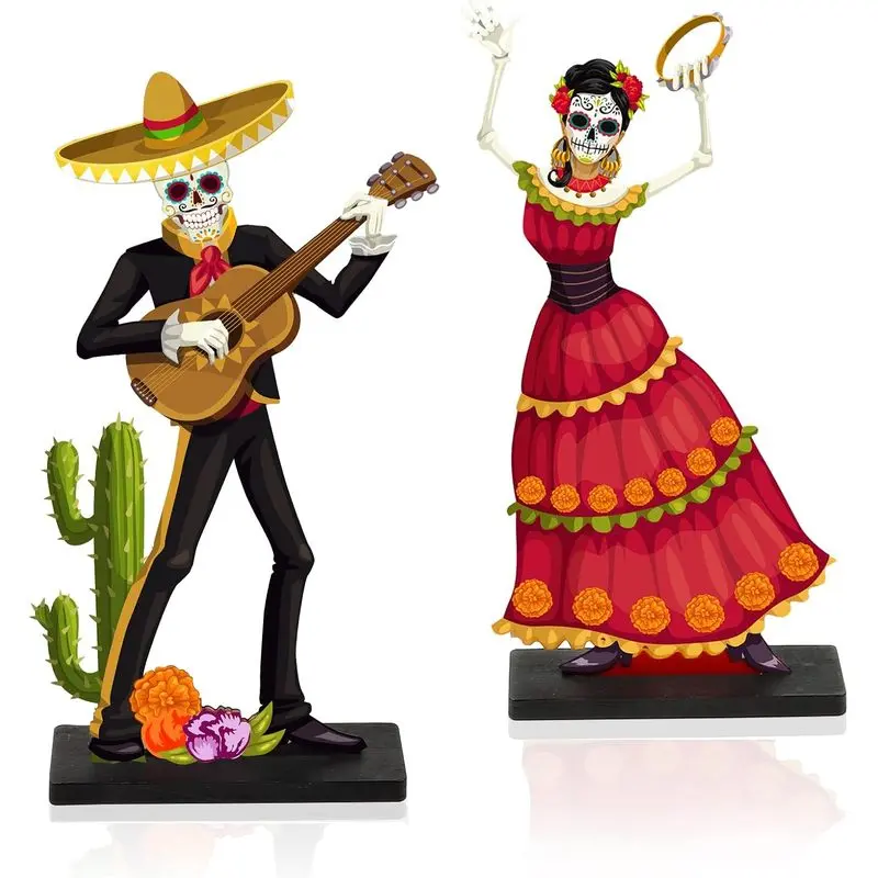 2 PCS Day of the Dead Centerpieces, Wooden Dancing Couple Sugar Skull Signs Decor Day of the Dead Table Decor Mexican Dia De Los Muertos Decor for Table Mexican Festival Halloween Decor