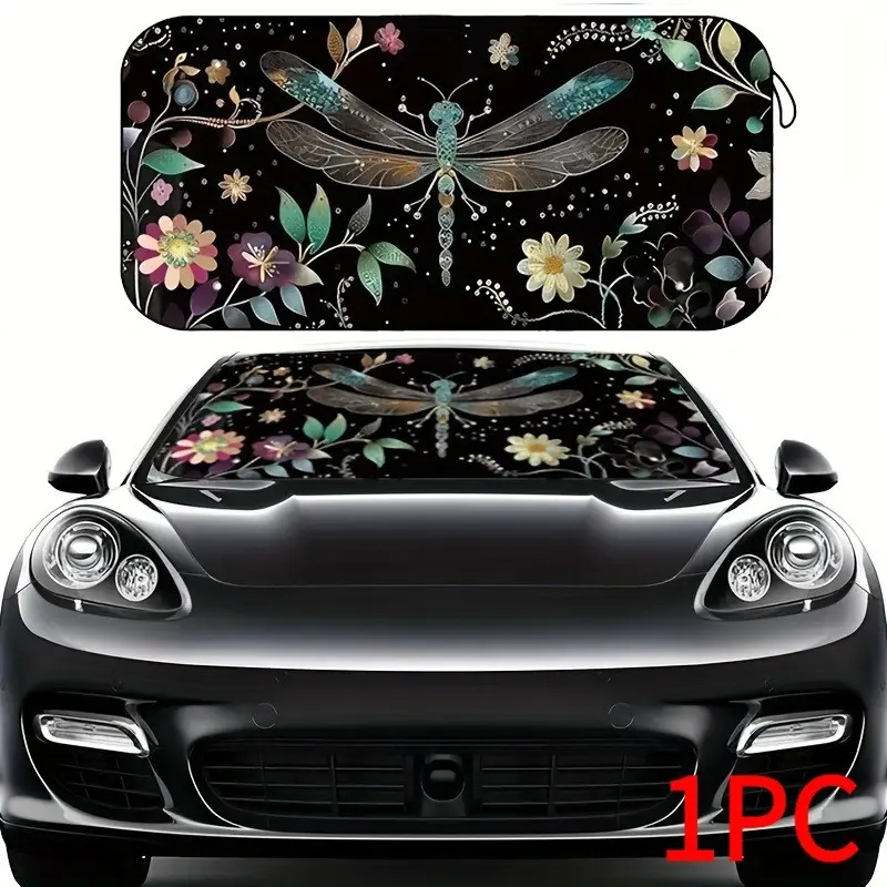 Dragonfly & Floral Print Sun Visor, Sun Shade For Car Windshield, UV Protection, Heat Insulation, Privacy Shield, Foldable Design, Keeps Car Cool, Easy Storage