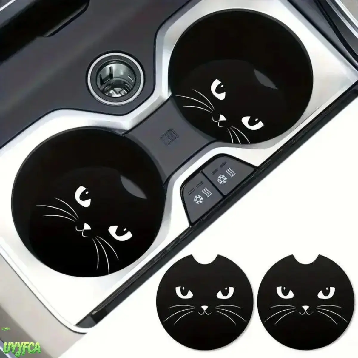 Cute 2 Pack Cartoon Black Cat Car Cup Coasters, Absorbent Waterproof Non Slip Vehicle Cup Holder Mats, Easy Pull Tab Design Auto Interior Decor Accessories,Cute Animal Print Car Coaster For Most Car Models Daily Driving,Car Interior Decoration Accessories