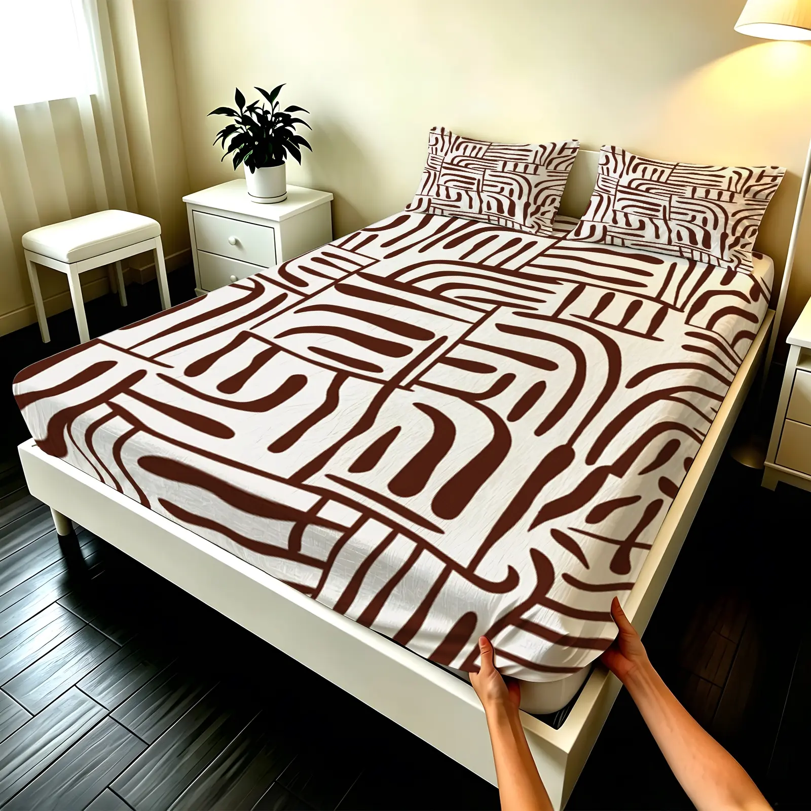 3pcs Fitted sheet Boho Abstract Brown Geometric Line Pattern Bedsheet Bedding Set, Soft Microfiber Fitted Sheet Set, Wrinkle Resistant Fade Proof Breathable Comfortable for Bedroom Guest Room, Fit Twin Full Queen King Size