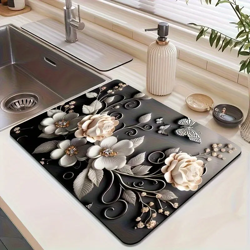 Luxury Floral Print Colander, Elegant Vintage Rose Butterfly Home Decor, Quick-Dry Rubber Kitchen Mat, Non-Slip Waterproof Heat-Resistant Drain Pad, Anti Slip Mat