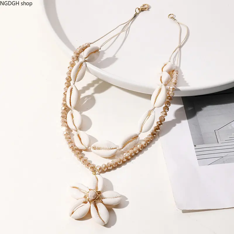 Bohemian Layered Cowrie Shell Necklace for Women, Natural White Beaded Choker with Flower Pendant, Adjustable Summer Beach Jewelry, Flowers, Female, Coastal, Ethnic, Trendy Layered Beaded