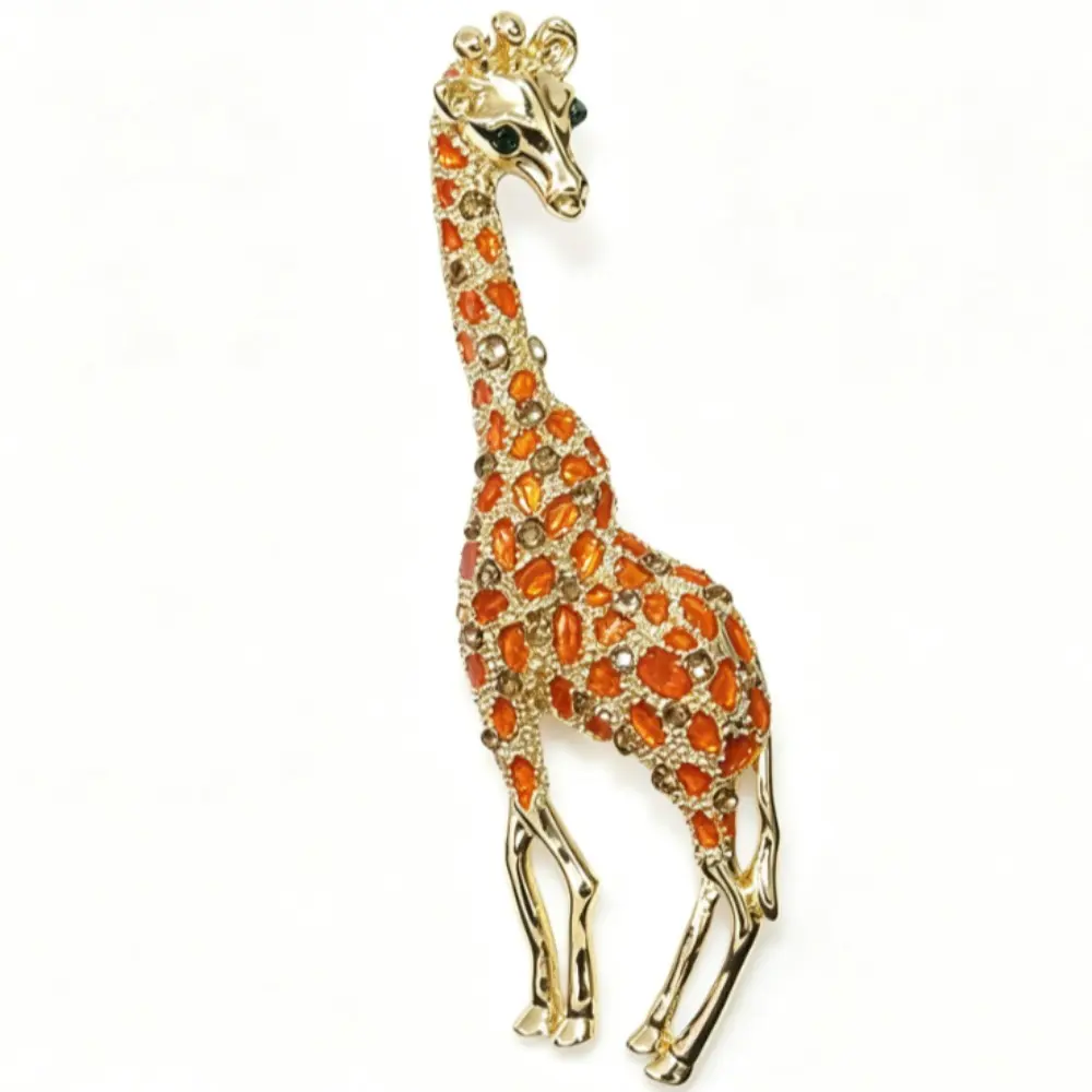 Long Giraffe Brooch Gold Plated Orange Citrine Rhinestone Full Paved Unisex Jungle Animal Suit Lapel Pin Corsage