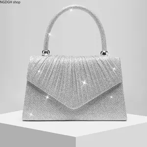 Sparkly Clutch Bag Women - Trendy Silver Glitter Pleated Evening Purse with Crystal Handle & Chain Strap, Lightweight Glam Compact Design Perfect for Wedding Party Prom & Formal Night Out Events