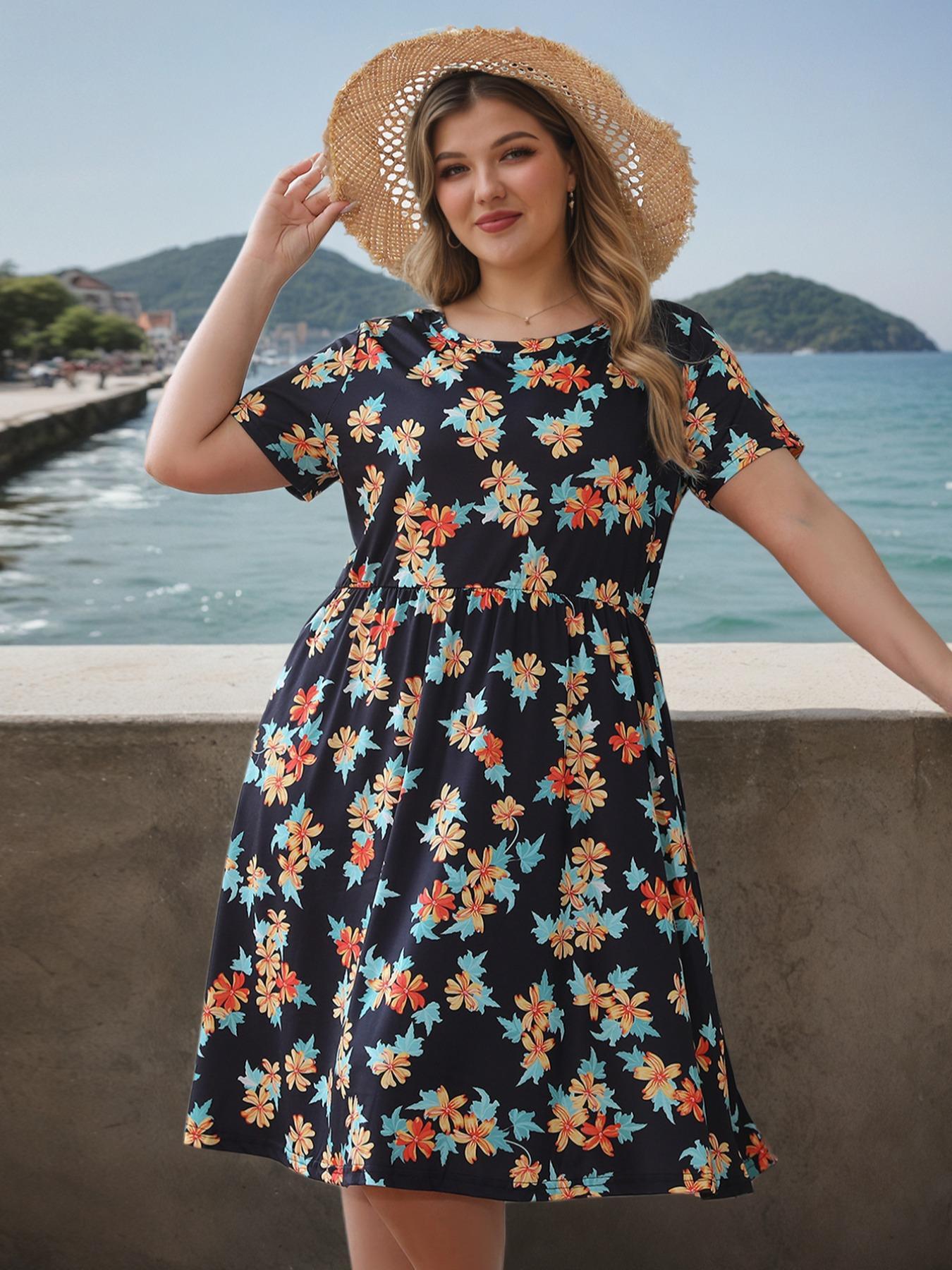 Women's Plus Size Casual Elastic Long Dress with Pockets, Elegant Summer Fitted Style, Comfortable Fabric for Daily Wear