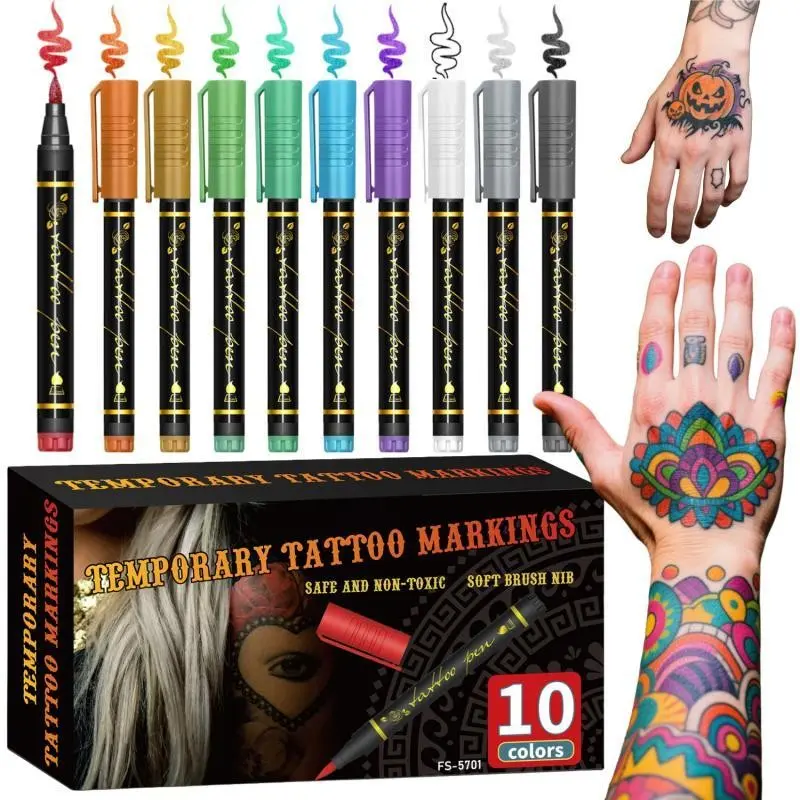 Multicolor Temporary Tattoo Pen Kit with Flexible Brush Nib, Gentle Skin-Safe Body Markers for Casual Daily & Holiday Creative Painting