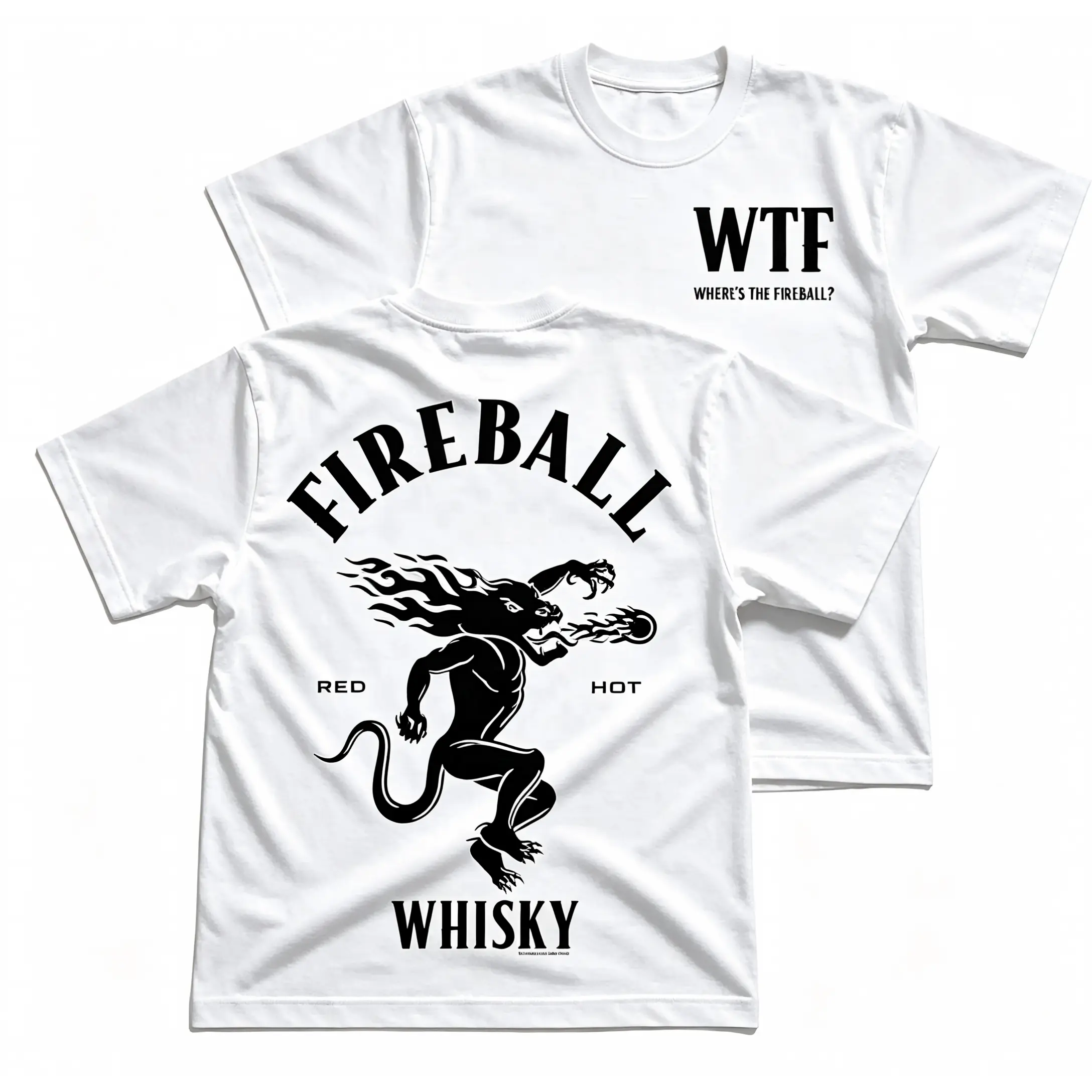 WTF Where’s The Fireball Men’s T-Shirt, Funny Backyard Party Graphic Tee, Red Hot Flame Character Back Print Shirt, Front Chest Quote Logo Tee, Black Casual Humor Apparel, Weekend Lounge Gift For Men