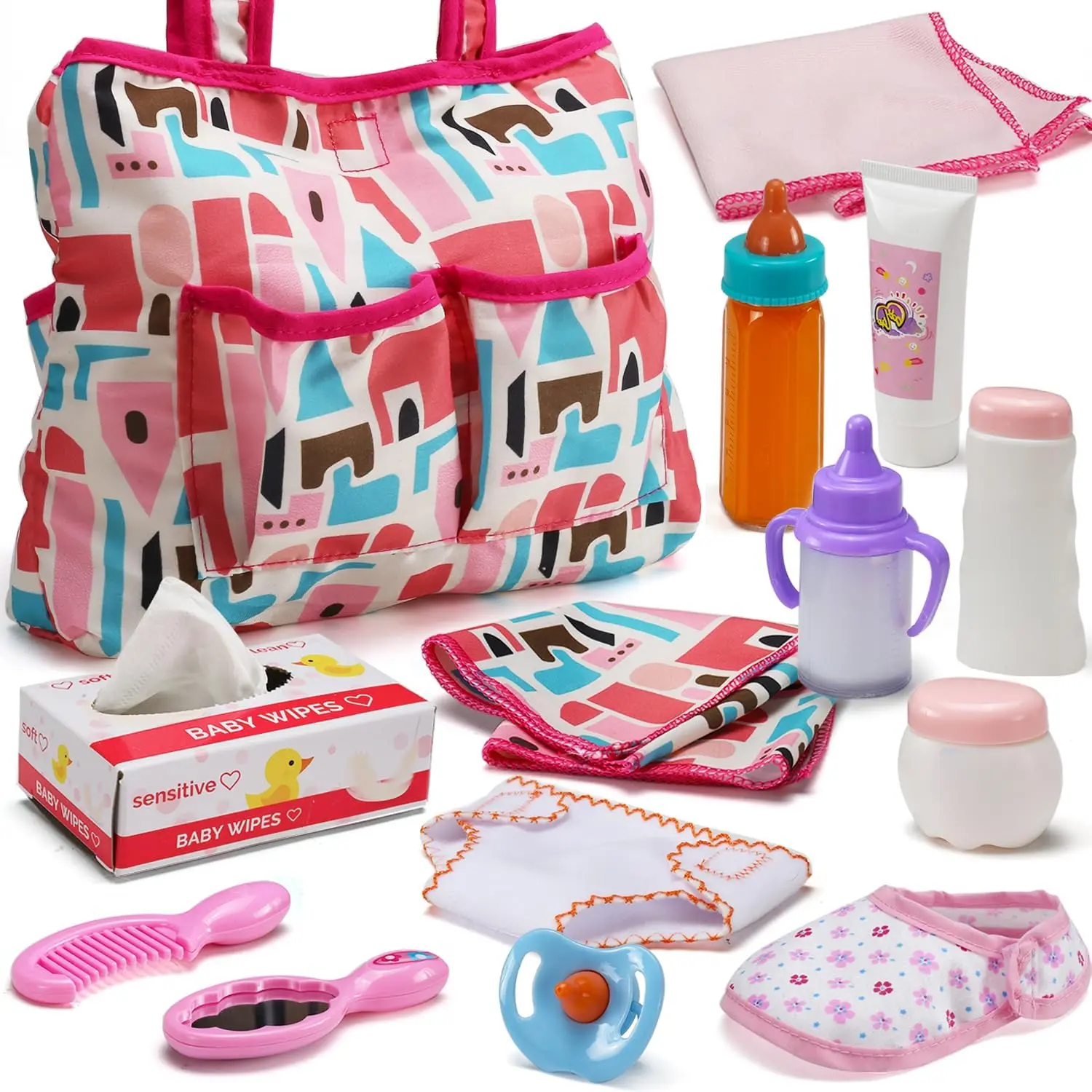 14 Pack Baby Doll Accessories, Baby Doll Feeding and Caring Set Includes Diaper Bag, Doll Diapers, Magic Bottle, Changing Mat  Girl Toddler Kid, Babies Pretend Play Set  Birthday Gift Christmas